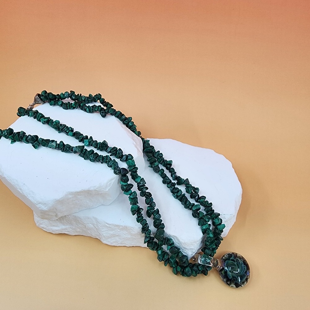 Malachite Chip Bead Necklace Green Lampwork Glass Pendant Boho Statement Gift